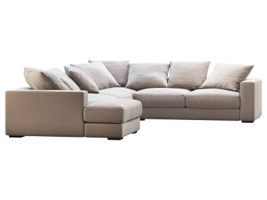 Modern bej kumaş kanepe. Beyaz arka planda yastıkları olan tekstil döşeme köşesi kanepesi. Yüzyılın ortalarında, Modern, Çatı katı, Chalet, İskandinav iç mimarisi. 3d hazırlayıcı