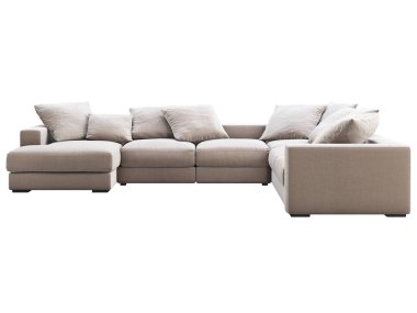 Modern bej kumaş kanepe. Beyaz arka planda yastıkları olan tekstil döşeme köşesi kanepesi. Yüzyılın ortalarında, Modern, Çatı katı, Chalet, İskandinav iç mimarisi. 3d hazırlayıcı