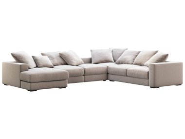 Modern bej kumaş kanepe. Beyaz arka planda yastıkları olan tekstil döşeme köşesi kanepesi. Yüzyılın ortalarında, Modern, Çatı katı, Chalet, İskandinav iç mimarisi. 3d hazırlayıcı