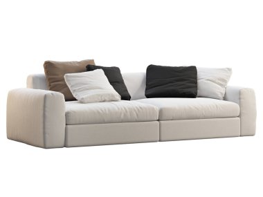 Modern beyaz kumaş kanepe. Beyaz arka planda renkli yastıkları olan tekstil döşeme kanepesi. Yüzyılın ortalarında, Modern, Çatı katı, Chalet, İskandinav iç mimarisi. 3d hazırlayıcı