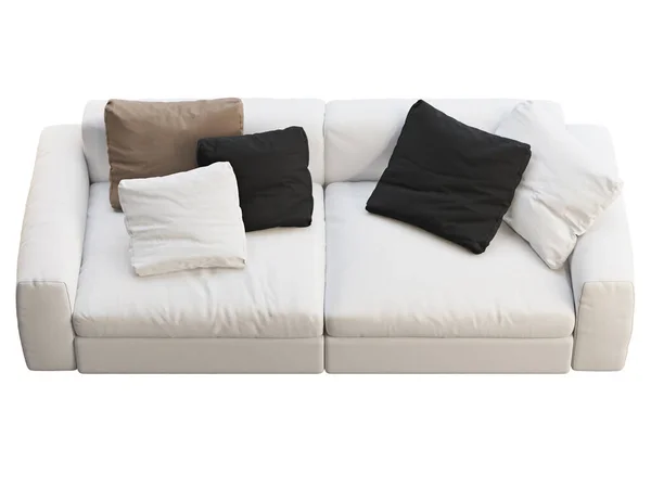 Modern White Fabric Sofa Textile Upholstery Sofa Colored Pillows White — Stock Photo, Image