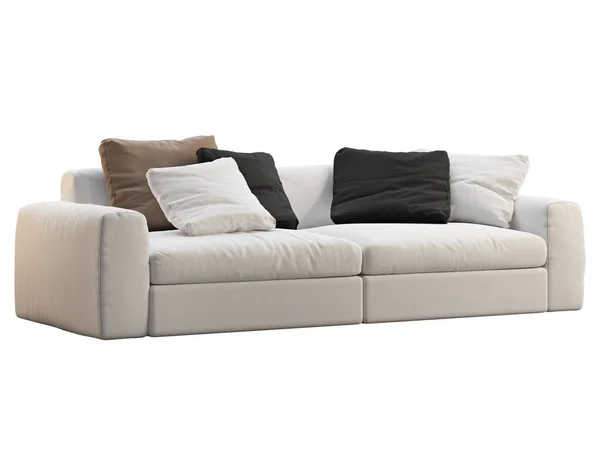 モダンな白い生地のソファ 白い背景に色の枕と繊維張りのソファ 半世紀 ロフト シャレー 北欧インテリア 3Dレンダリング — ストック写真