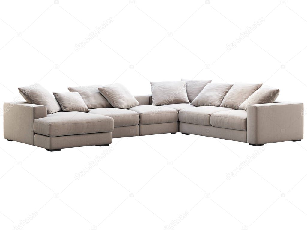 Modern beige fabric sofa. Textile upholstery corner sofa with pillows on white background. Mid-century, Modern, Loft, Chalet, Scandinavian interior. 3d render