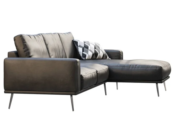 Nowoczesna Rozkładana Sofa Czarna Skórzana Kanapa Narożna Metalowymi Nogami Białym — Zdjęcie stockowe