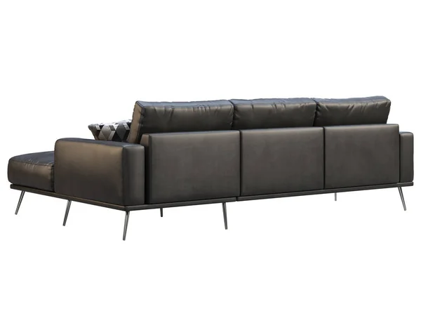 Nowoczesna Rozkładana Sofa Czarna Skórzana Kanapa Narożna Metalowymi Nogami Białym — Zdjęcie stockowe
