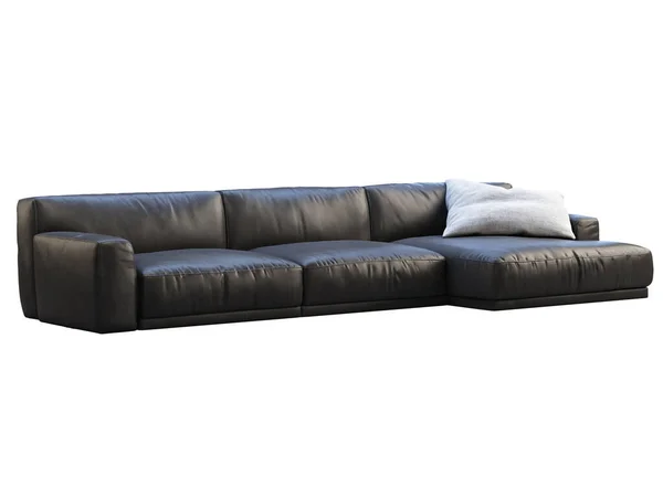 现代躺椅沙发 黑色皮革沙发 白色背景上有灰色面料枕头 世纪中叶 查莱特 斯堪的纳维亚内陆 3D渲染 — 图库照片