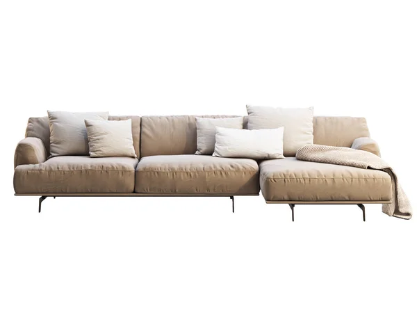 モダンなベージュ生地のソファ テキスタイル張りのチェースラウンジソファ枕と白い背景にスローされます 半世紀 ロフト シャレー 北欧インテリア 3Dレンダリング — ストック写真