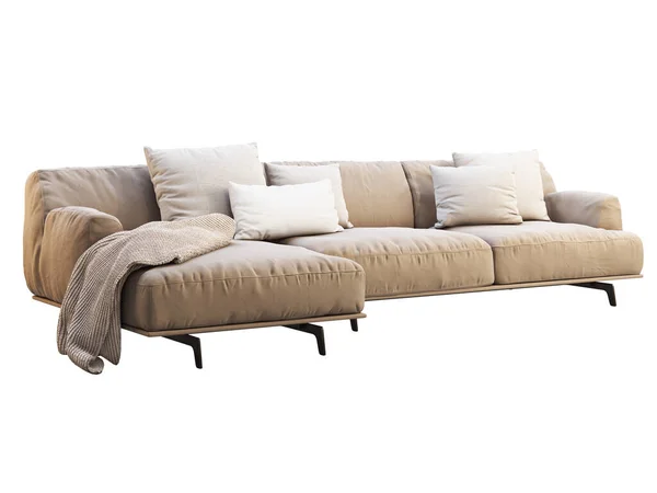 现代米黄色面料沙发 纺织品室内装饰式躺椅沙发与枕头 扔在白色的背景 世纪中叶 查莱特 斯堪的纳维亚内陆 3D渲染 — 图库照片