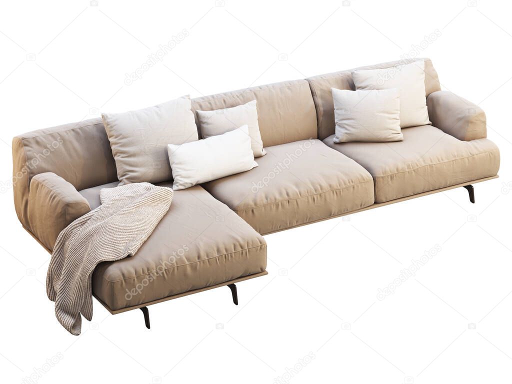 Modern beige fabric sofa. Textile upholstery chaise lounge sofa with pillows and throw on white background. Mid-century, Modern, Loft, Chalet, Scandinavian interior. 3d render