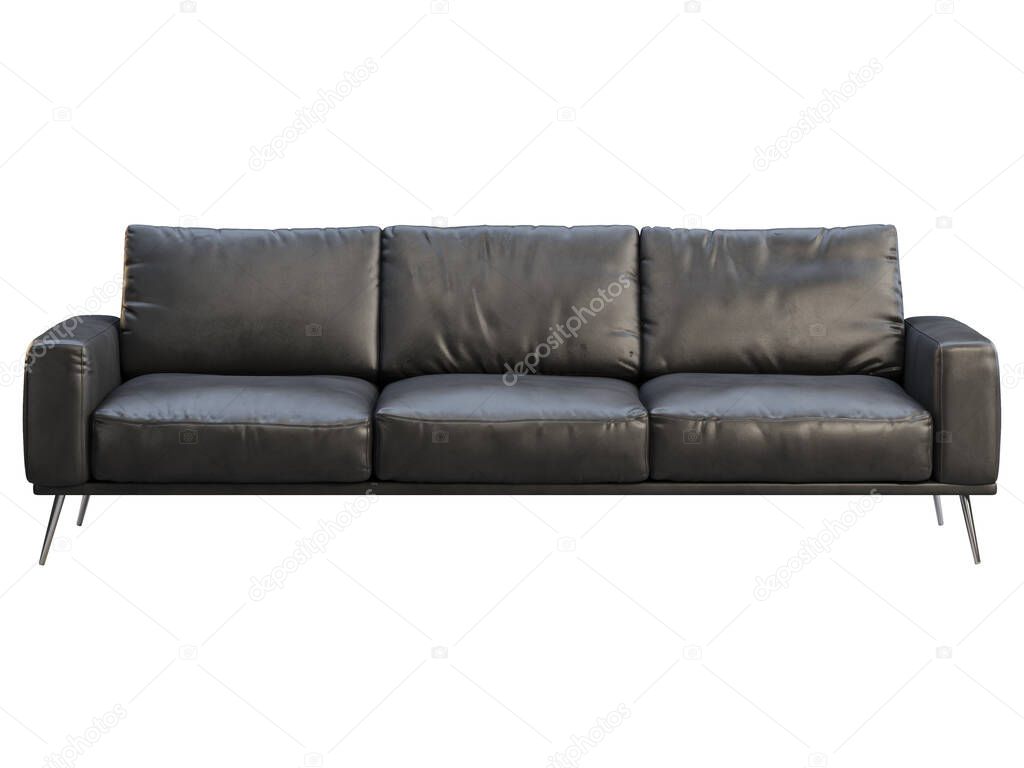 Modern three-seat sofa. Black leather sofa with metal legs on white background. Mid-century, Modern, Loft, Chalet, Scandinavian interior. 3d render