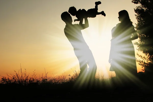 Silhouetten einer glücklichen Familie — Stockfoto