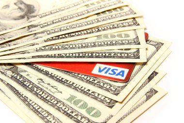 Doları para iş VISA kartı beyaz bir arka plan üzerinde