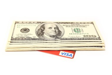 Doları para iş VISA kartı beyaz bir arka plan üzerinde