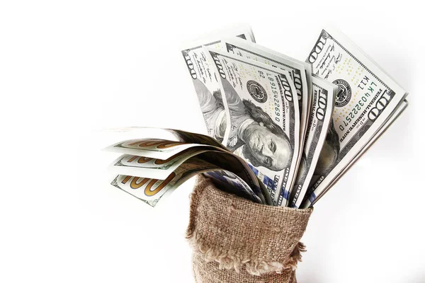 Dinheiro de Dólar de negócios em um saco em um fundo branco — Fotografia de Stock