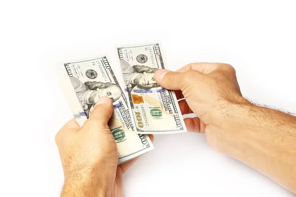 Business Money dollars in de handen van een witte achtergrond — Stockfoto