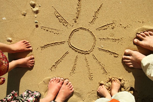 Family feet on the sand on the beach