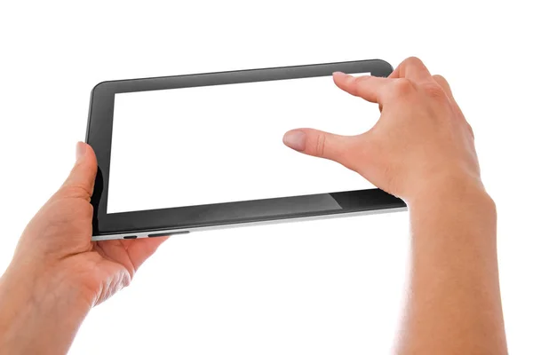 In human hands tablet computer touch-screen gadget with isolated — Stock Photo, Image