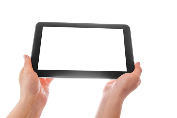 In human hands tablet computer touch-screen gadget with isolated — Stock Photo, Image