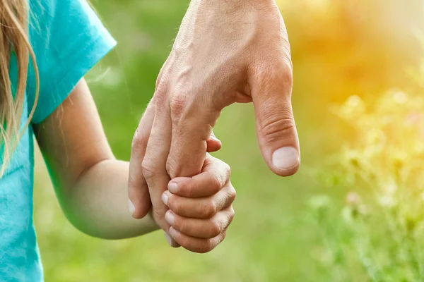 Handen van ouder en kind in de natuur — Stockfoto