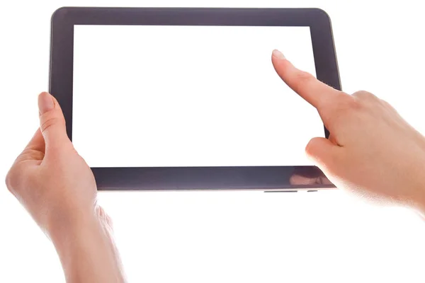 Em mãos humanas tablet computador dispositivo touch-screen com isolado — Fotografia de Stock