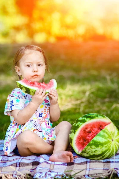 Bambino felice con anguria sulla natura nel parco — Foto Stock