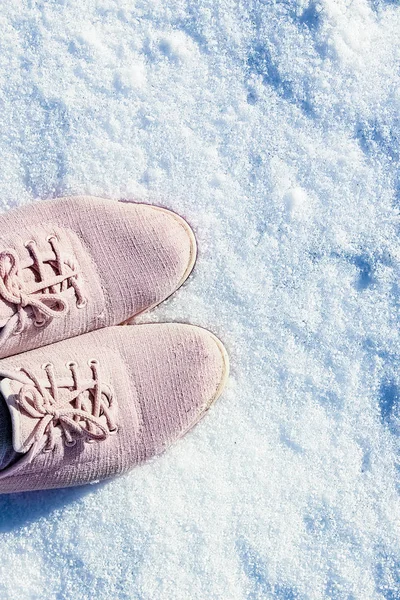 Sapatos elegantes belas pernas na neve no inverno em um bac parque — Fotografia de Stock
