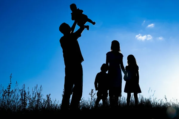 Glückliche Familie im Freien in der Park-Silhouette — Stockfoto
