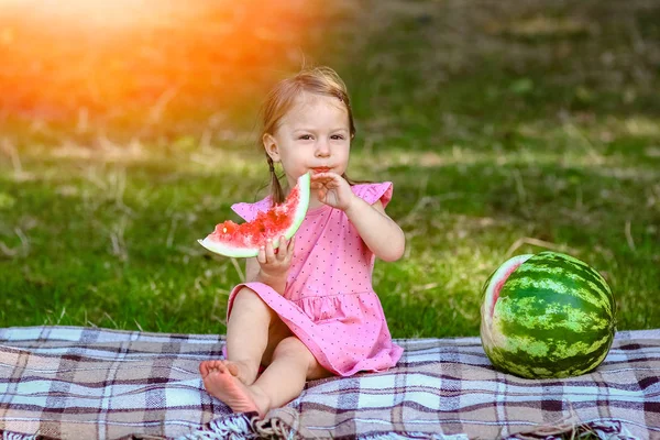 Criança feliz com melancia na natureza no parque — Fotografia de Stock