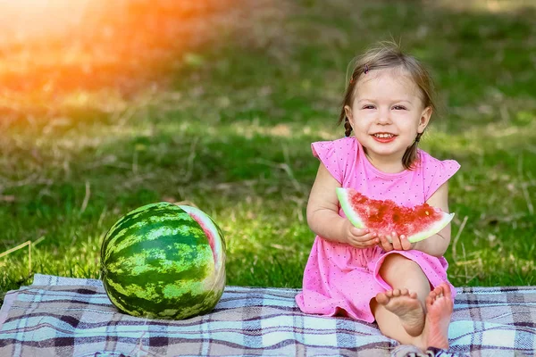 Bambino felice con anguria sulla natura nel parco — Foto Stock