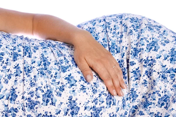 Happy pregnant girl lies on white background — Stock Photo, Image