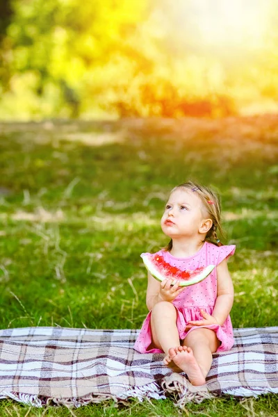 Glückliches Kind mit Wassermelone in der Natur im Park — Stockfoto