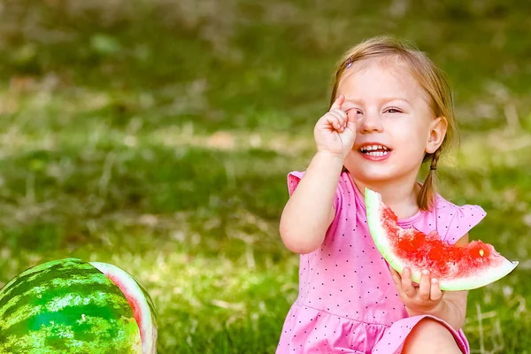 Bambino felice con anguria sulla natura nel parco — Foto Stock