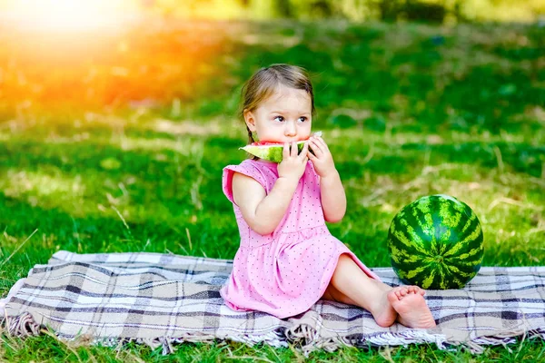 Parkta doğada karpuz taşıyan mutlu çocuk. — Stok fotoğraf