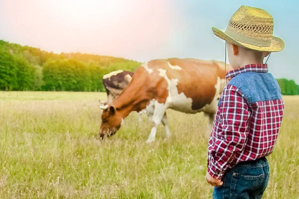 Happy baby cowboy in nature — Stock Photo, Image