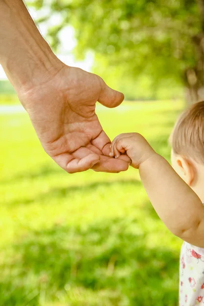 Hände eines glücklichen Elternteils und eines glücklichen Kindes in der Natur — Stockfoto
