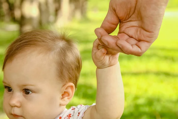 Hände eines glücklichen Elternteils und eines glücklichen Kindes in der Natur — Stockfoto