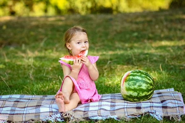 Bambino felice con anguria sulla natura nel parco — Foto Stock