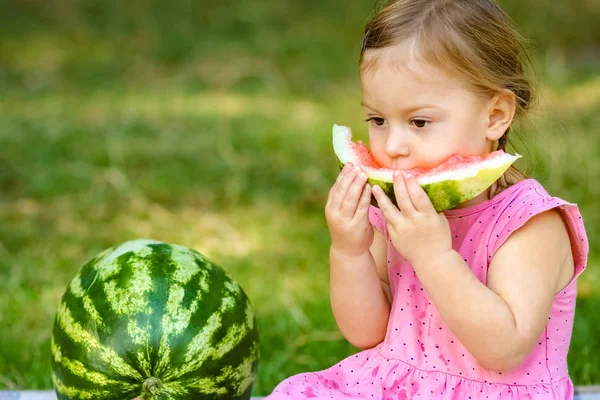 Bambino felice con anguria sulla natura nel parco — Foto Stock