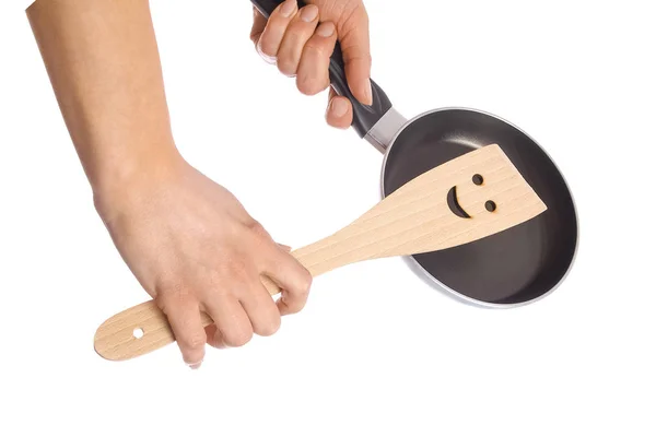 A pan in hands on a white background — Stock Photo, Image