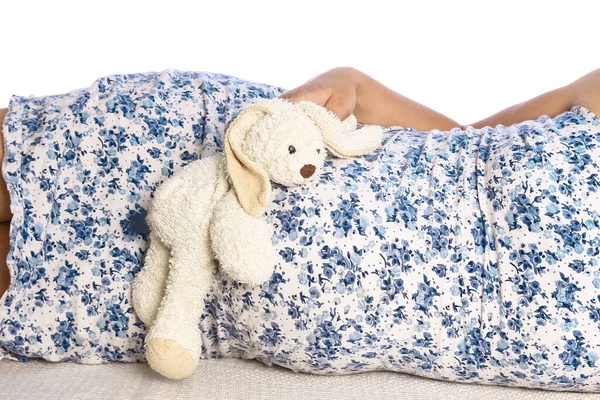 Happy pregnant girl lies on white background — Stock Photo, Image