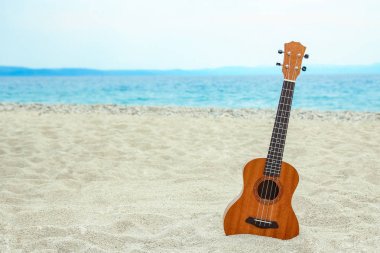Yunan denizinin kıyısındaki kumsalda güzel bir gitar