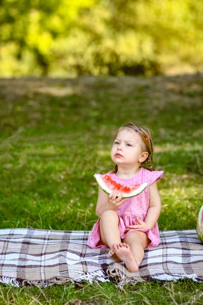 Lyckligt Barn Med Vattenmelon Naturen Parken — Stockfoto