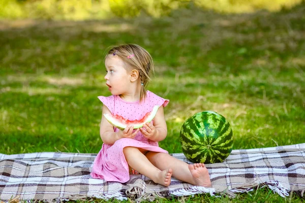 Happy Child Watermelon Nature Park — Stock Photo, Image