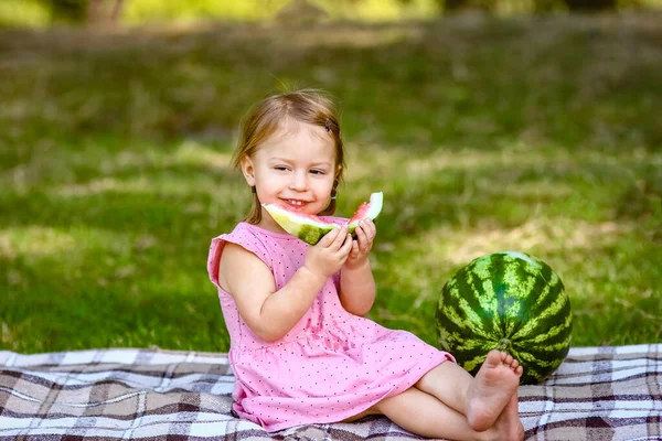 Bambino Felice Con Anguria Sulla Natura Nel Parco — Foto Stock