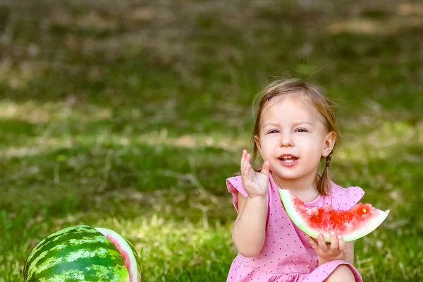 Bambino Felice Con Anguria Sulla Natura Nel Parco — Foto Stock