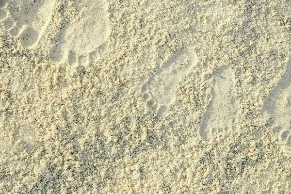 Mooie Voetafdrukken Het Zand Door Zee Achtergrond — Stockfoto