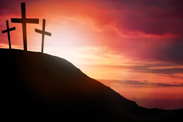 Silhouette Cross Calvary Mountain Sunset Background Easter Concept — Stock Photo, Image
