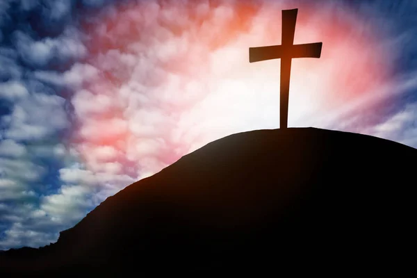 Silhouette Cross Calvary Mountain Sunset Background Easter Concept — Stock Photo, Image