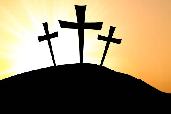 Silhouette Cross Calvary Mountain Sunset Background Easter Concept — Stock Photo, Image