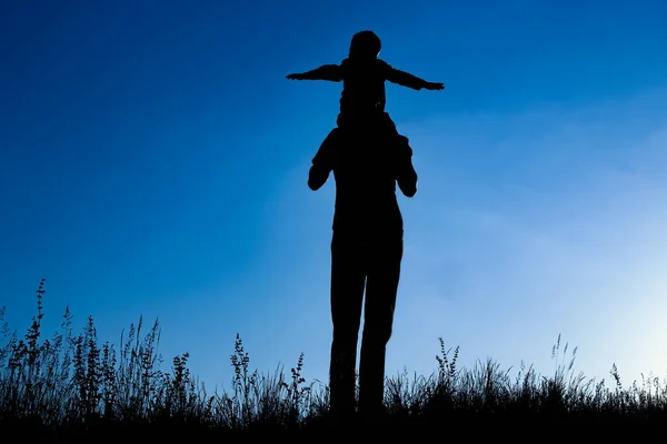 Padre Feliz Con Niño Parque Silueta Aire Libre —  Fotos de Stock